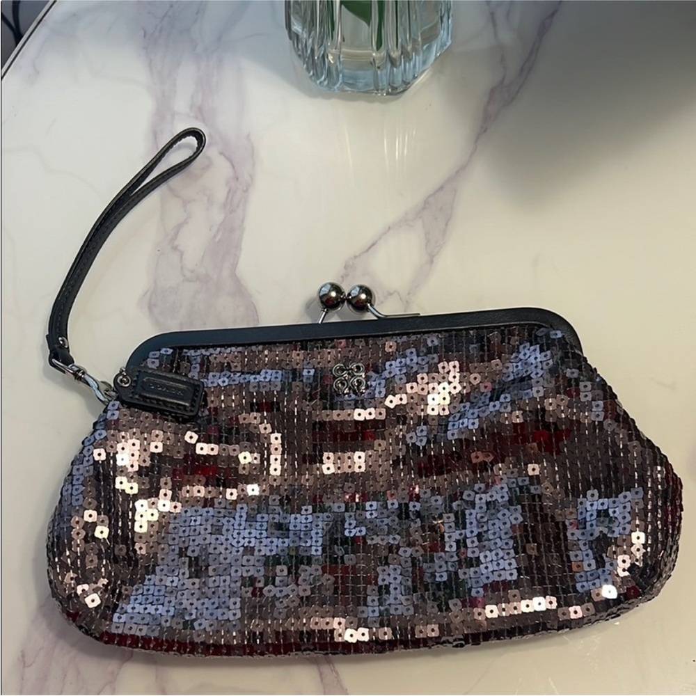 Coach Sequin Kisslock Clutch Bag - Black and Silver